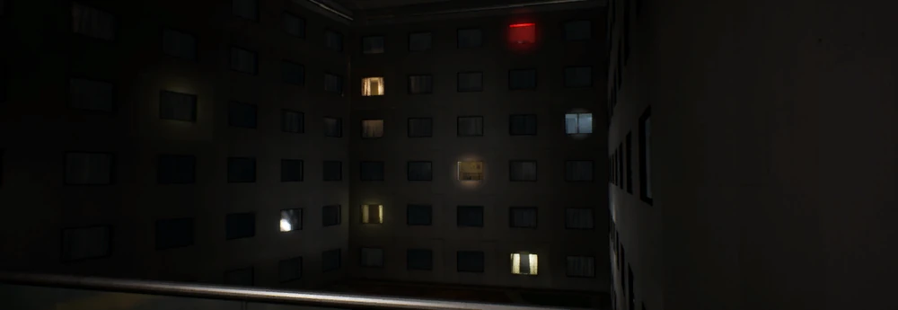 Hotelkorridore von Level 188 mit Blick in den Innenhof