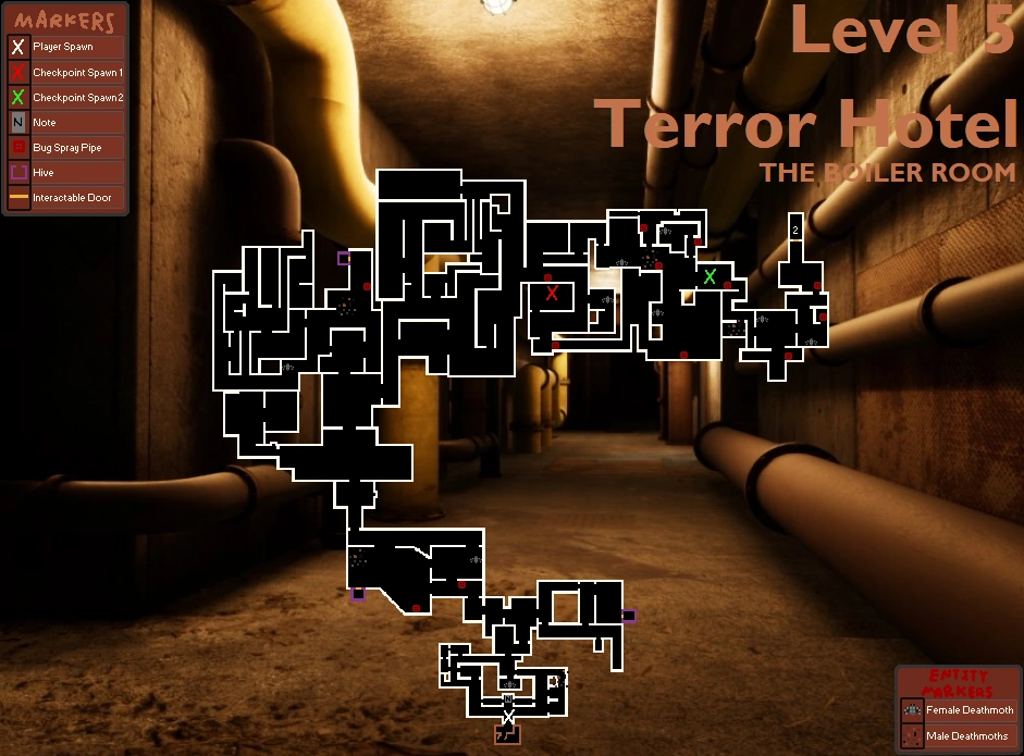 Level 5 Boiler Room map with four numbered guide points.