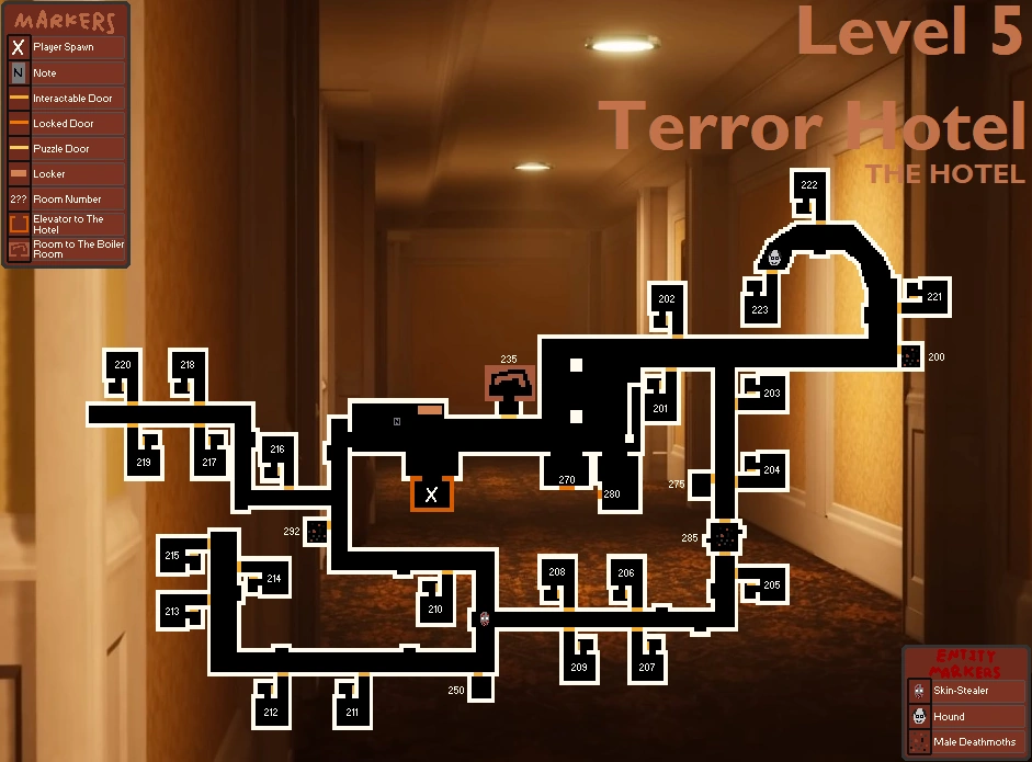 Level 5 Hotel map with four numbered guide points.